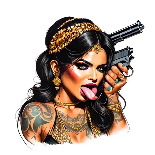 Chicana And Gun Girl Taking Her Tongue