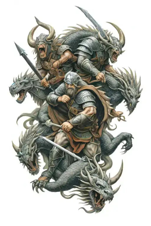3 Celtic Warriors Fighting A Dragon