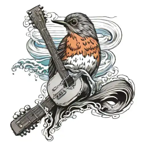 A Realistic Robin Perched On A Guitar Neck With Waves Crashing In The Background
