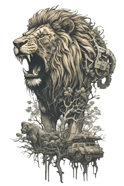A Mechanical Lion Roaring In The Forest Scene Featuring