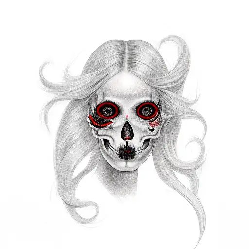 Girl With Long Hair With Scull Red And Black