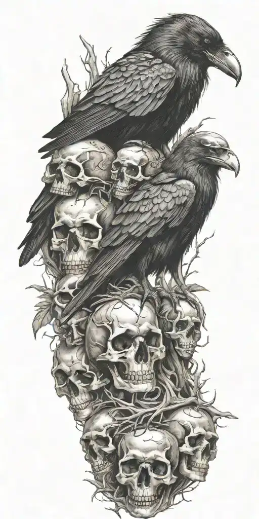 Raven Sitting On Top A Mound Of Skulls