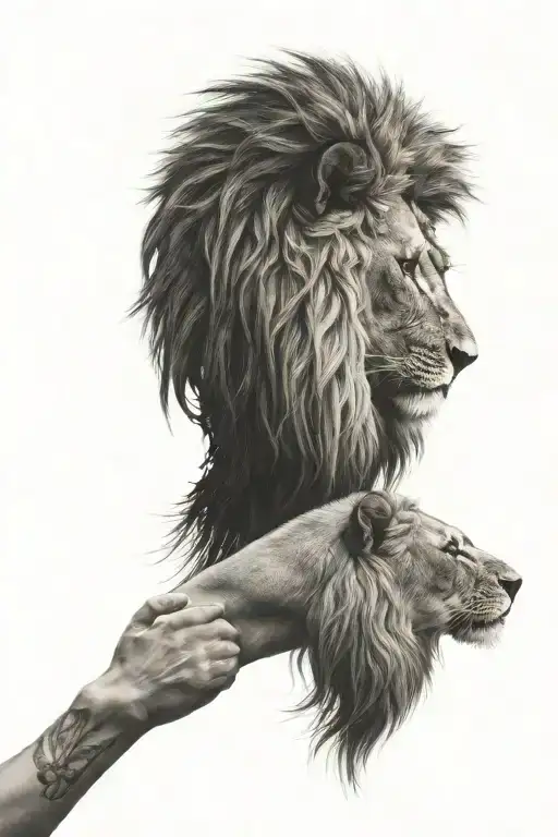Lion Head Profile Holding Hands