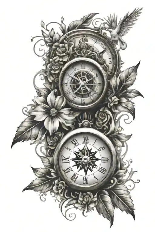 Clock Face With A Compass With An Eye That Has Flowers And Doves