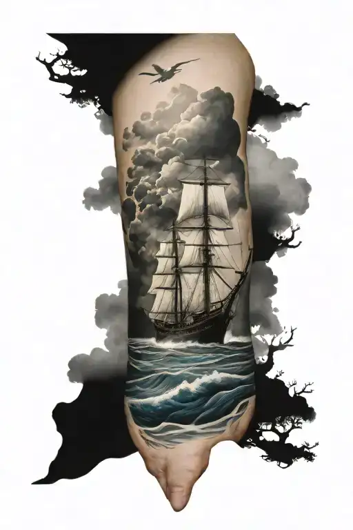 Coast Sea With Ship Sailing Through Storm Faides Over To Forest With Fox Portrait