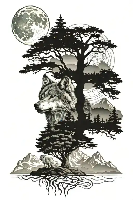 Wolf And Mountains With Sacred Geometry Tree