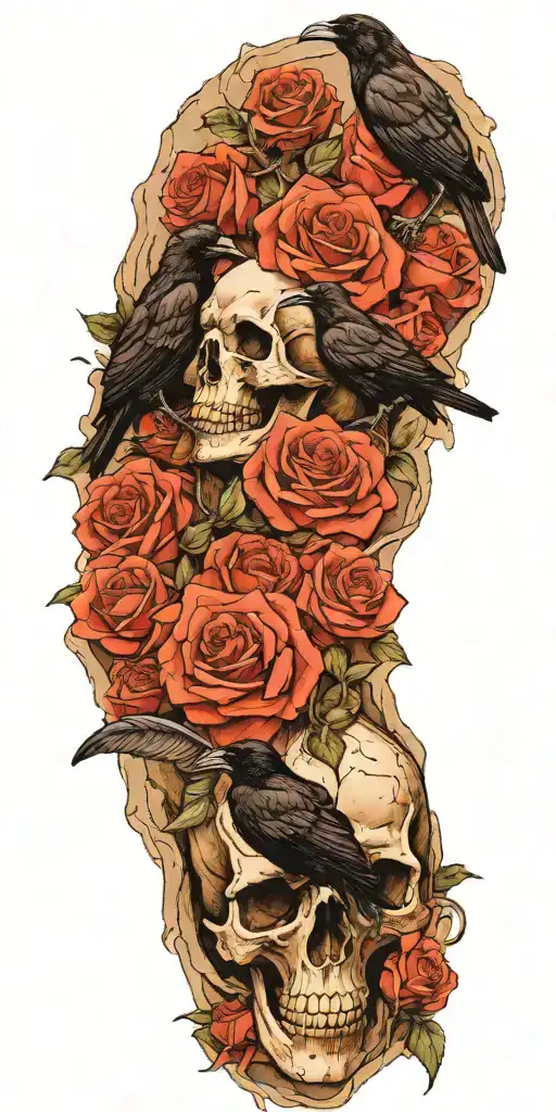 Mountain Made From Skulls With Roses Growing Out Of Crevices And A Raven Perched On Top