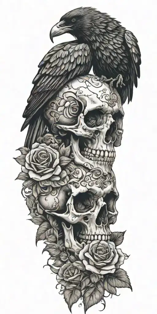 Skull And Roses With Raven Perched On Top Blue Sky Background