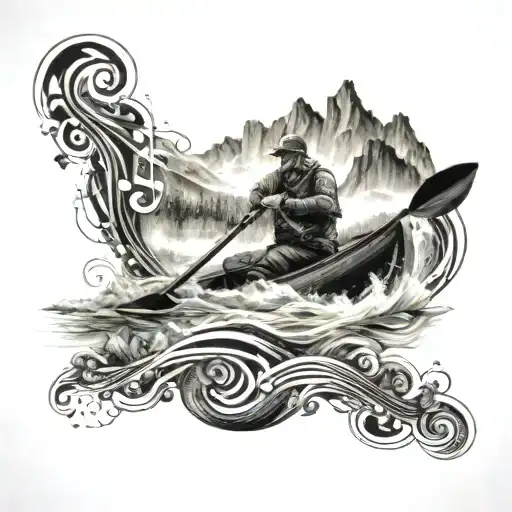 A Kayaker Navigating Through A River Filled With Music Notes And Symbols In A Blackwork Pattern