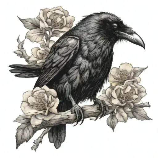 Raven On Branch Of Flower