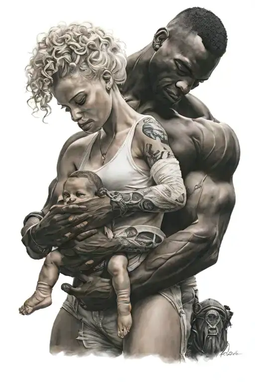 Black Muscular Man Holding White Blonde Woman Holding Black Baby