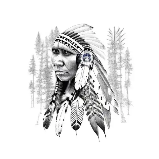 American Indian Girl In Forest With Raven And Wolf