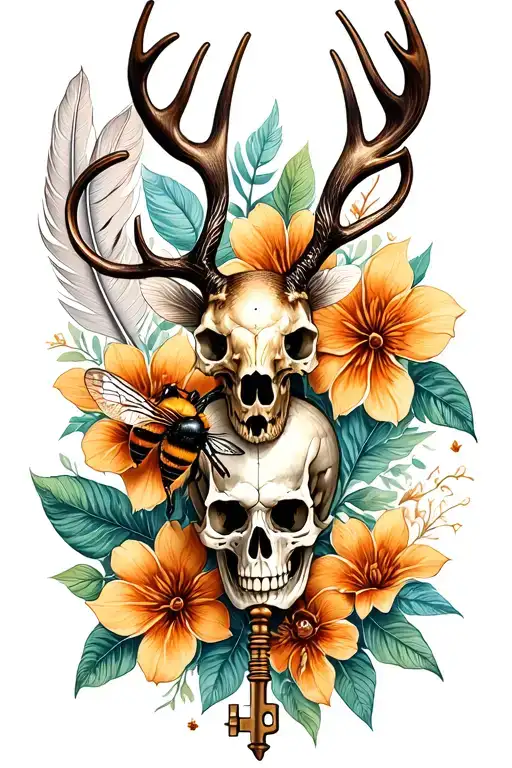 Compass Lilly Flower Bee Sitting Skeleton Key Feather Deer Skull
