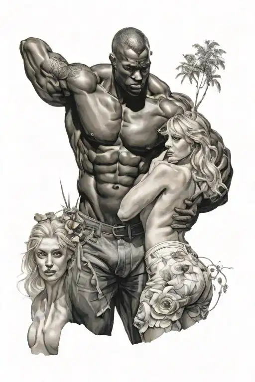 Black Muscular Man Standing In Front Of White Blonde Woman Undressing