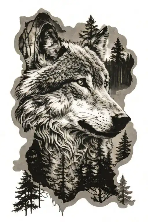 Wolf Looking Into The Distance With A Forest Behind Him