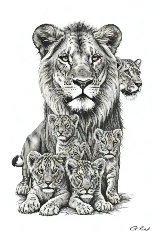 Lion And 5 Cubs