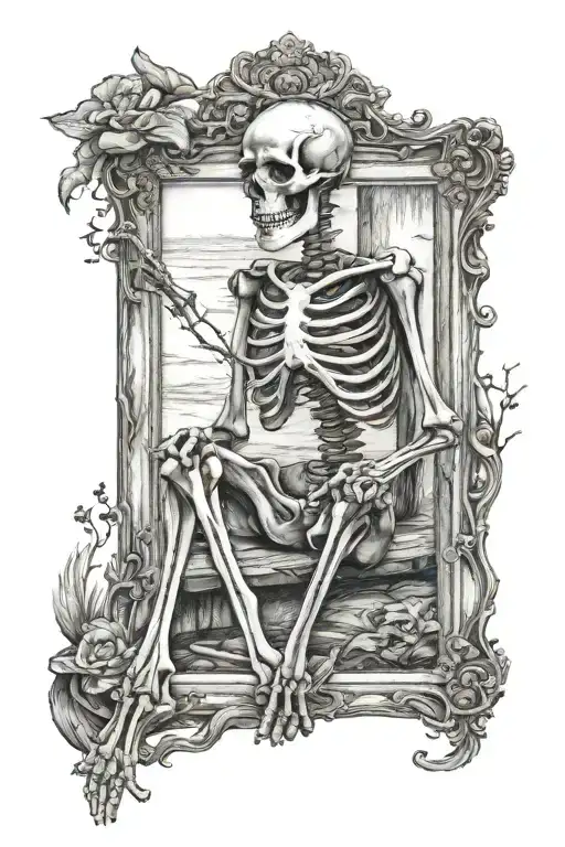 A Skeleton Sitting On The Dock Of A Bay Inside A Picture Frame
