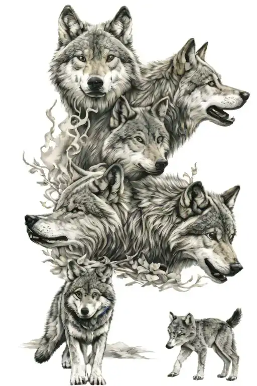 Wolf With Two Cubs Surrounded