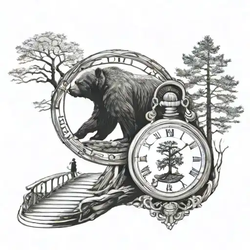 Bear Pocket Watch Hourglass Shine Tree Horizon Staircase Silhouette