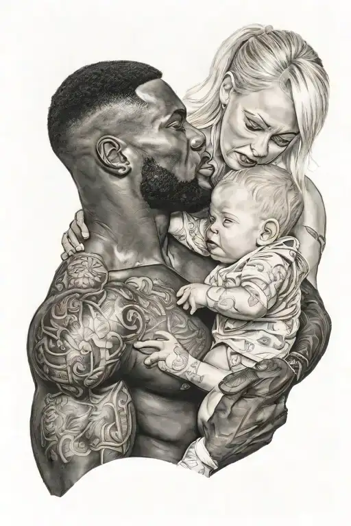 Black Muscular Man Holding White Blonde Woman Holding A Black Baby