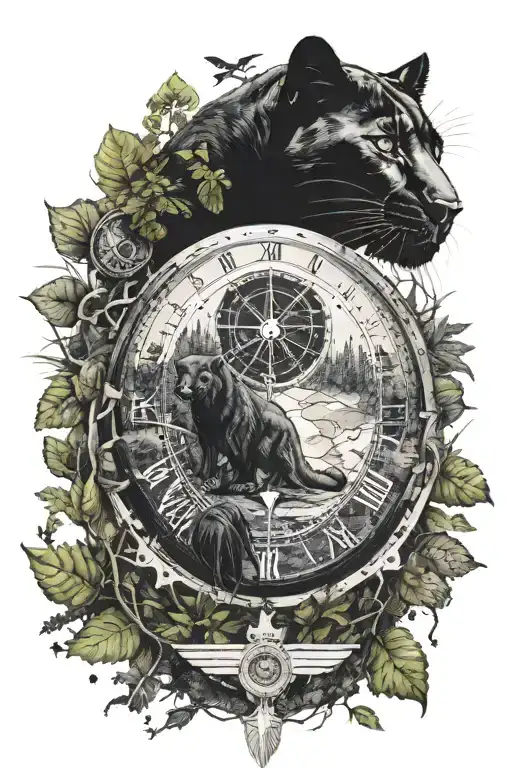 Black Panther And Forest With Compass Surrounded Travel Landmarks
