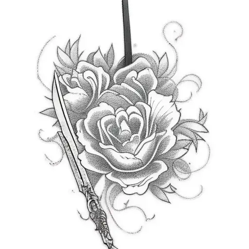 Mulan Tattoo With Sword And Flowers
