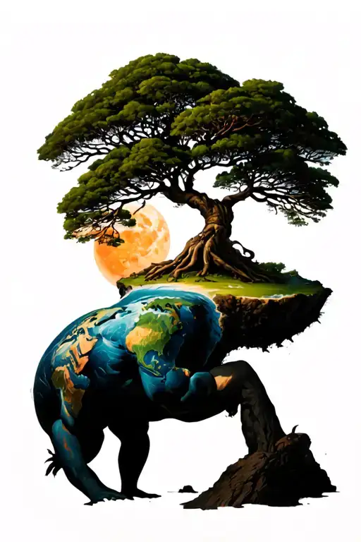Atlas Holding The Island On His Back With A Tree Of Life