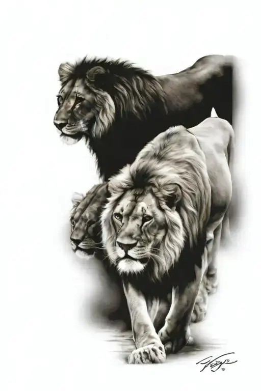 Lioness And A Lion Walking Together Tattoo Design