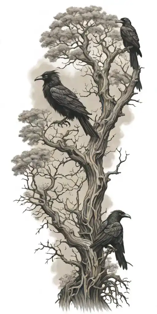 Old Gnarled Tree With Crooked Branches And Ravens Perched On The Branches