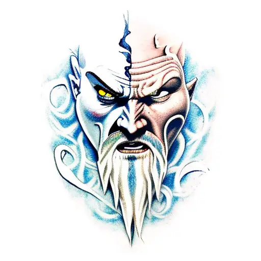 Kratos Grimmacing Face With Blades Of Chaos With Poseidon In The Background