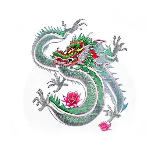 Chinese Dragon With Roses And Lotuses