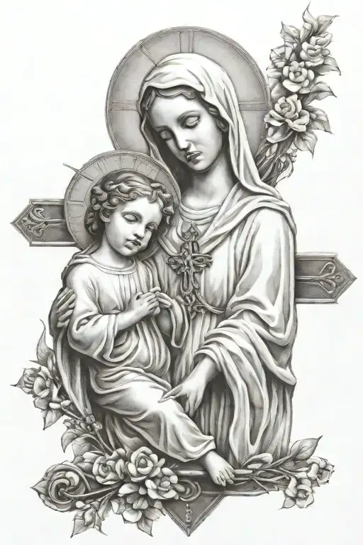 Virgin Mary And Jesus And Cross Intertwined
