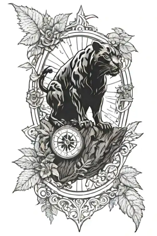 Black Panther And Forest With Compass Surrounded Tattoo