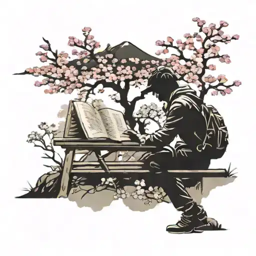 A Silhouette Of A Traveler Reading A Book Under A Cherry Blossom Tree In Japan