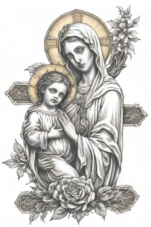 Virgin Mary And Adult Jesus And Cross Surrounded