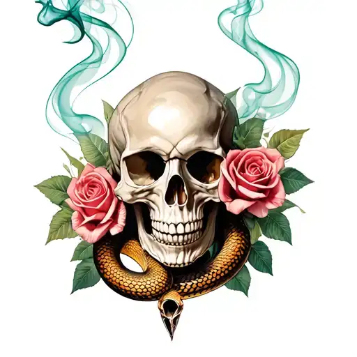 Smokey Skull With Roses And A Snake Intertwined