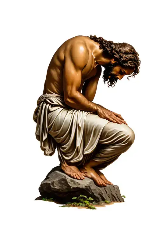 Jesus Leaning On Rock With Head Down On Knees Praying