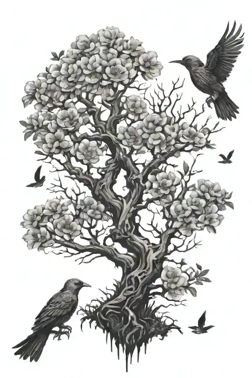 Ominous Flowering Tree With Birds Above