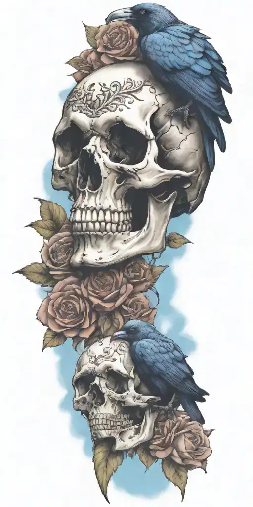 Skull And Roses With Raven Perched On Top Blue Sky Background