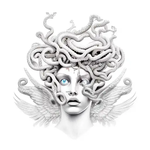 Medusa With Statueli Eskin And Cracks Looking Straight Ahead Sexy With Wings In Her Hair