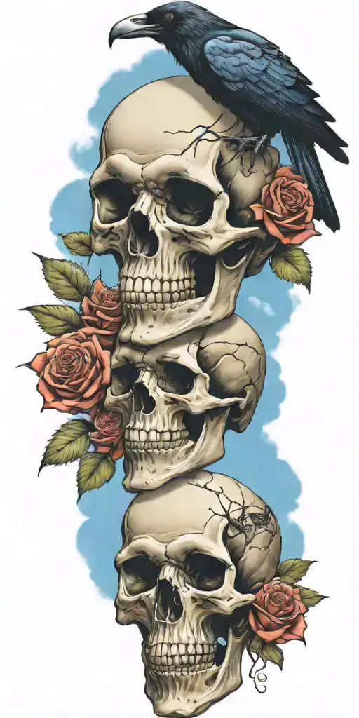 Skull And Roses With Raven Perched On Top Blue Sky Background