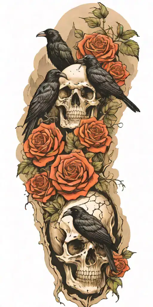 Mountain Made From Skulls With Roses Growing Out Of Crevices And A Raven Perched On Top