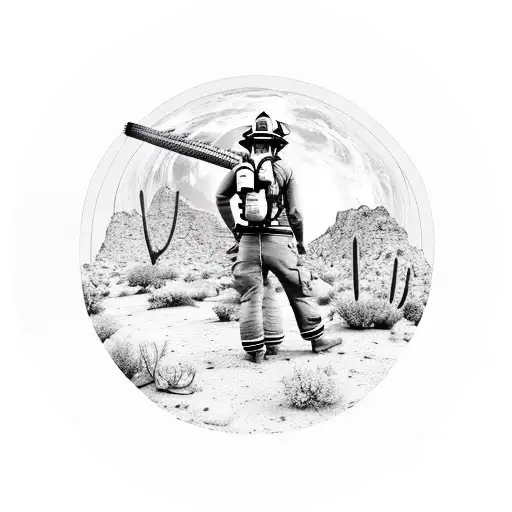 Wild Land Firefighter With Full Moon And Desert Landscape