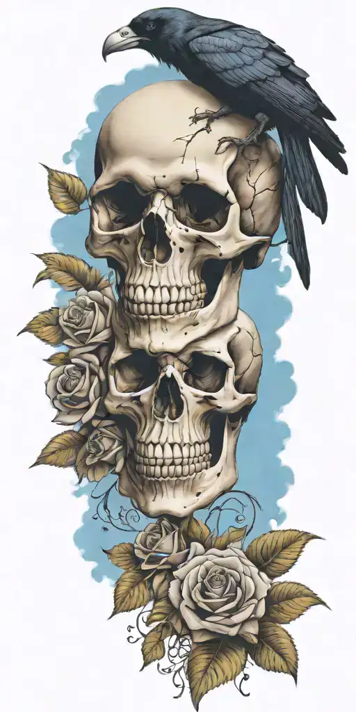Skull And Roses With Raven Perched On Top Blue Sky Background