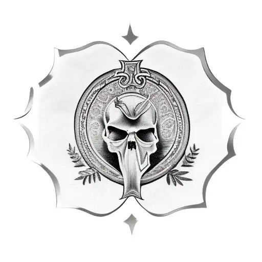 Realisic Skull Inside A Laurel Wreath Momento Mori Written Underneath In Old English Font