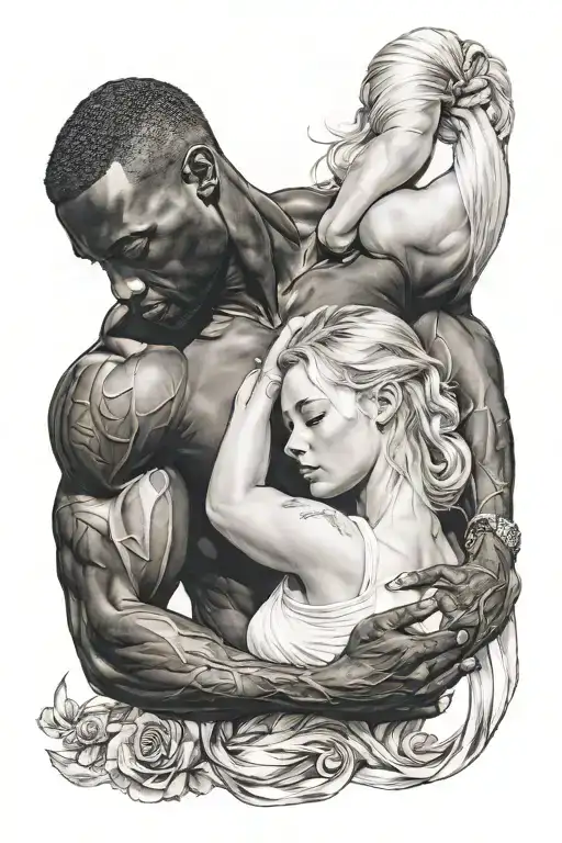 Black Muscular Man Holding White Blonde Woman Sleeping