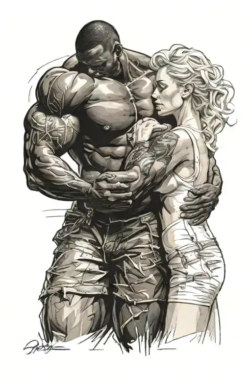 Black Muscular Man Standing In Front Of White Blonde Woman Undressing