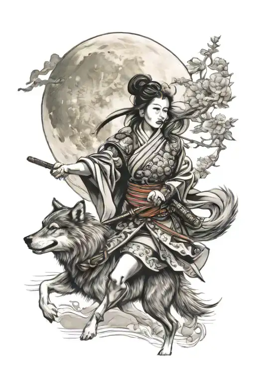 Woman Samurai With Wolf Howling At The Moon