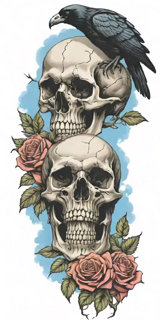 Skull And Roses With Raven Perched On Top Blue Sky Background