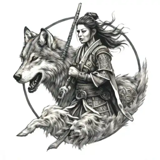 Woman Samurai With Wolf